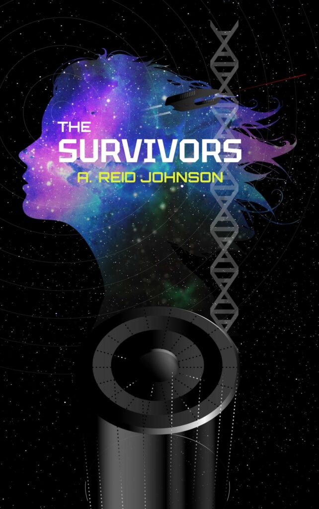 A book cover for my novel "The Survivors." it shows a silhouette of a girl on a starfield above a large cylindrical object with a strand of DNA rising up, and a spaceship engaged in battle. 