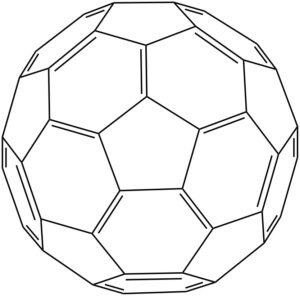 A structural drawing of C60, a buckyball.