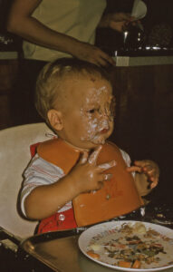 Karl with an iced cookie over his eye, beginning his foray into sensory systems.