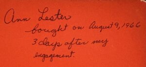 The inscription on the inside cover of the cookbook: "Ann Lester, bought on August 9, 1966, 3 days after my engagement."