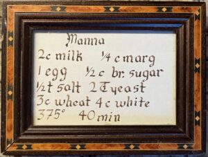 Mom's bread recipe from the 1980s that was transcribed into calligraphy by Adam. 
Manna
2 c milk, 1/4 c marg, 1 egg, 1/2 c br. sugar, 1/2 t salt, 2 T yeast, 3 c wheat, 4 c white, 375° 40 min.