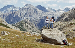 This boulder in the Wind River Mountain range which signifies the turnoff to the "secret lakes." Adam and Karl are standing on it. 